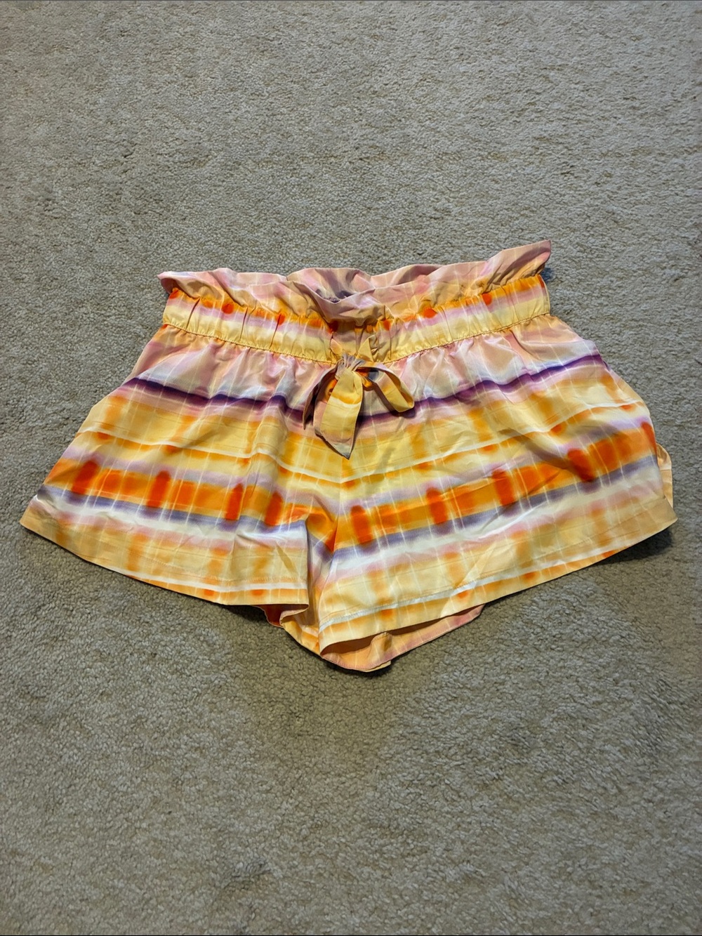 High-Waist Striped Paperbag Shorts in Yellow and Orange